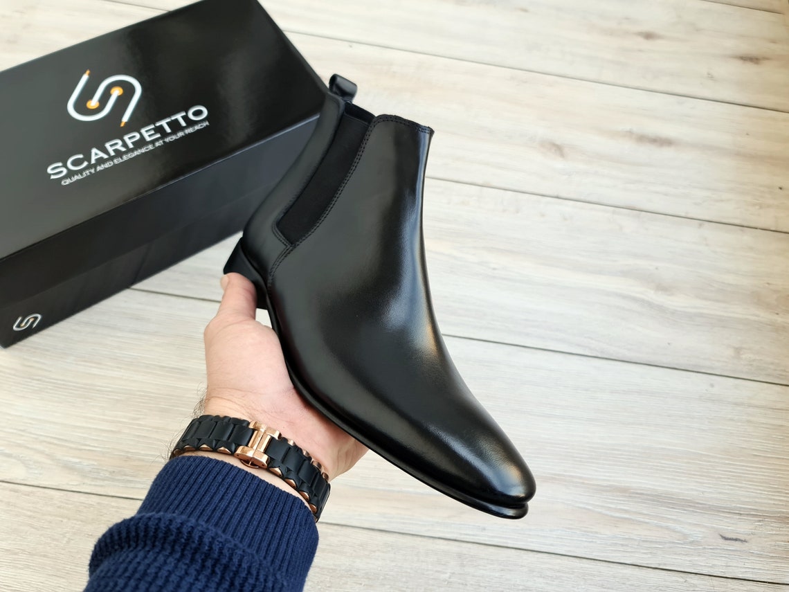 Black Chelsea Leather Boots With Leather Sole & Elastic Insert - Etsy