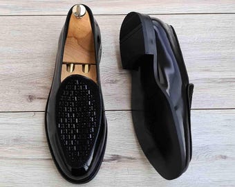 Handmade Leather Loafers | Sleek Black Slip-Ons with Stone Detail