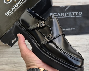 Polished Leather High Platform Handcrafted Men's Monk Straps