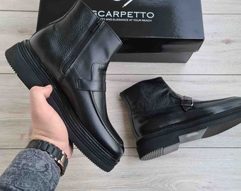 Black Leather Boots for Men | Handmade Full Grain Leather Casual Boots | Mens Leather Zip-up Boots | High Platform Sole Boots