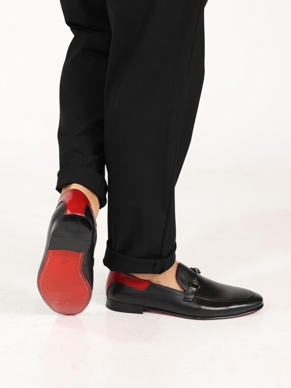 Black and Red Loafers with Slip-On Design durable build mens red black two tone slip loafers pointed  main image 3