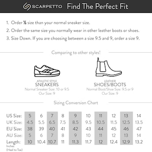 May include: A sizing conversion chart for athletic sneakers, leather shoes, and boots. The chart shows US, UK, EU, and AU sizes, as well as length in inches. The chart includes sizes 5 through 14.