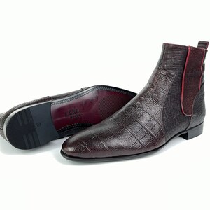 Handmade Leather Chelsea Crocodile Leather Boots for Men |  Burgundy Casual Boots | Mens Leather Ankle Boots for Parties