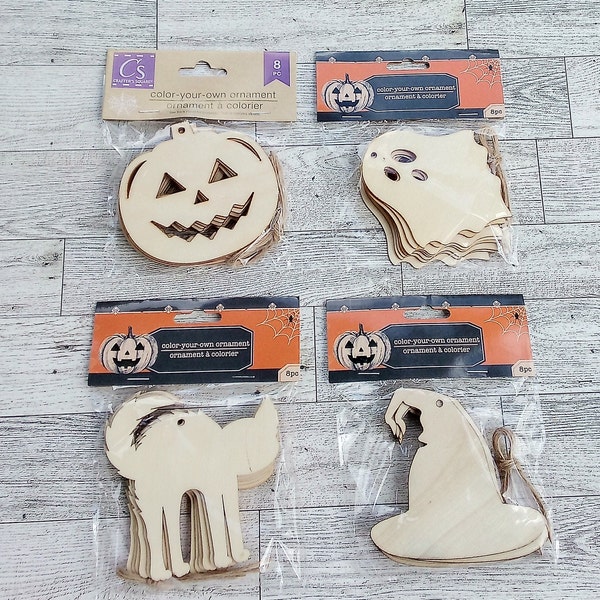 Wood Cutouts ~ Pumpkins, Cats & Witches Hats ~ 8 Wood Pieces ~ Halloween Ornaments ~ Beaded Garlands ~ Halloween Tree