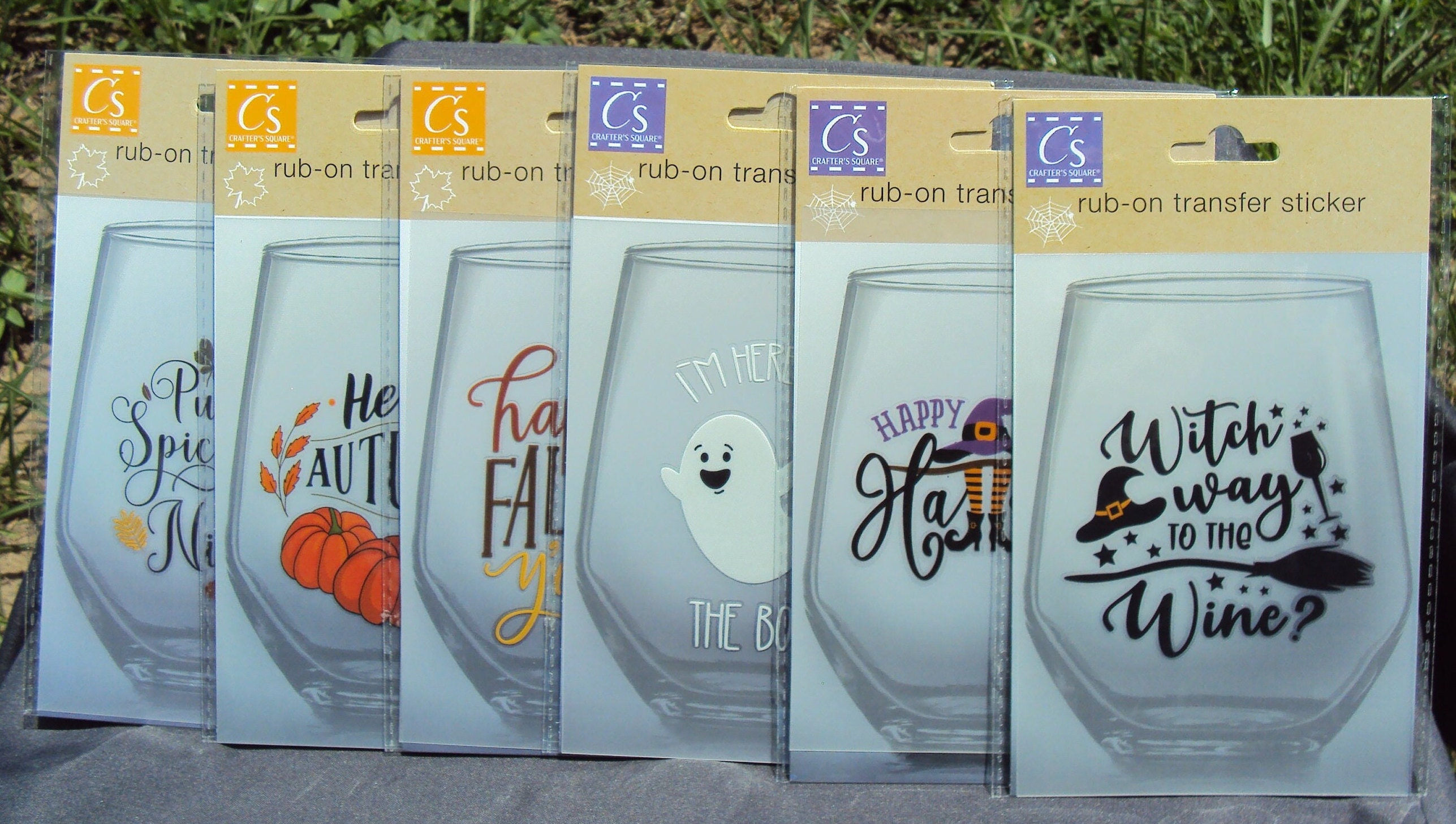 Lot of 6 Rub On Wine Glass Transfer Stickers HALLOWEEN FALL Crafters Square  NEW