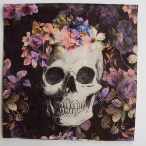 Decoupage Napkins, Floral and Silver Skull Paper Cocktail Napkins, Day of the Dead Paper Napkins,  9.75&quot;x 9.75&quot; Unfolded