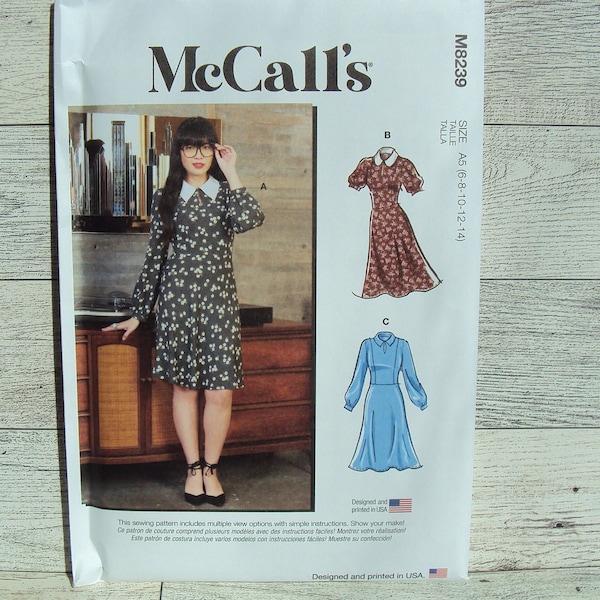 McCall's Sewing Pattern 8239 Misses Retro Dresses with Peter Pan Collar and A,B,C,D Custom Cup Sizes Sizes 6 to 14 or 16 to 24