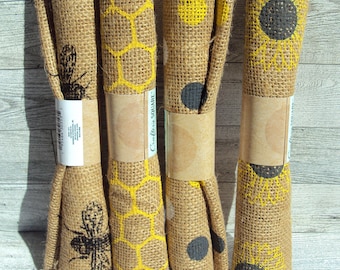 Bee Jute Fabric Swatches ~ Bees ~ Polka Dots ~ Honey Combs & Sunflowers Burlap Fabric ~ 18" x 21'