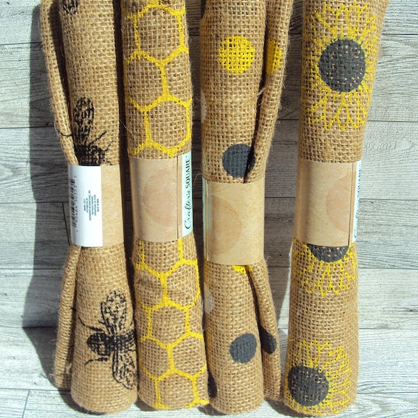 Bee Jute Fabric Swatches ~ Bees ~ Polka Dots ~ Honey Combs & Sunflowers Burlap Fabric ~ 18" x 21'