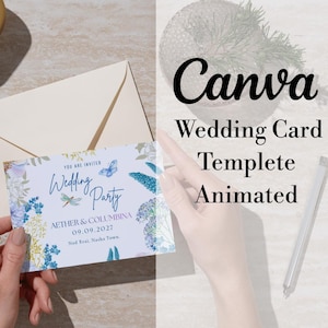 May include: A wedding party invitation card with floral and butterfly illustrations. The card features the text "Wedding Party" and the names "Aether & Columbina" along with the date 09.09.2027. The word "Canva" is displayed in the upper right corner.
