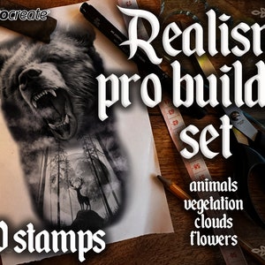 200 Procreate Realism tattoo stamps |  Procreate builder pack | Procreate brushes | Procreate bundle |  Procreate animals | Procreate flash