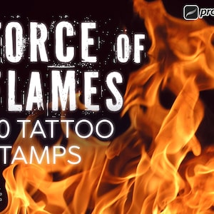 May include: A digital illustration of fiery orange flames with the text "FORCE OF FLAMES 20 TATTOO STAMPS" in white. The Procreate logo is in the top right corner.