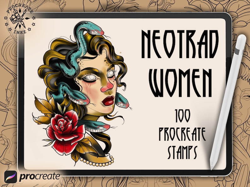 May include: Digital art design featuring a woman's face with snakes for hair, a red rose, and the text "NEOTRAD WOMEN 100 PROCREATE STAMPS." The image is on a tablet with a stylus, showcasing a tattoo-style design.