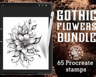 65 Flower Tattoo Stencils for Tattooing & Design Projects | Procreate tattoo | Tattoo pack | Procreate stamps | Procreate flower