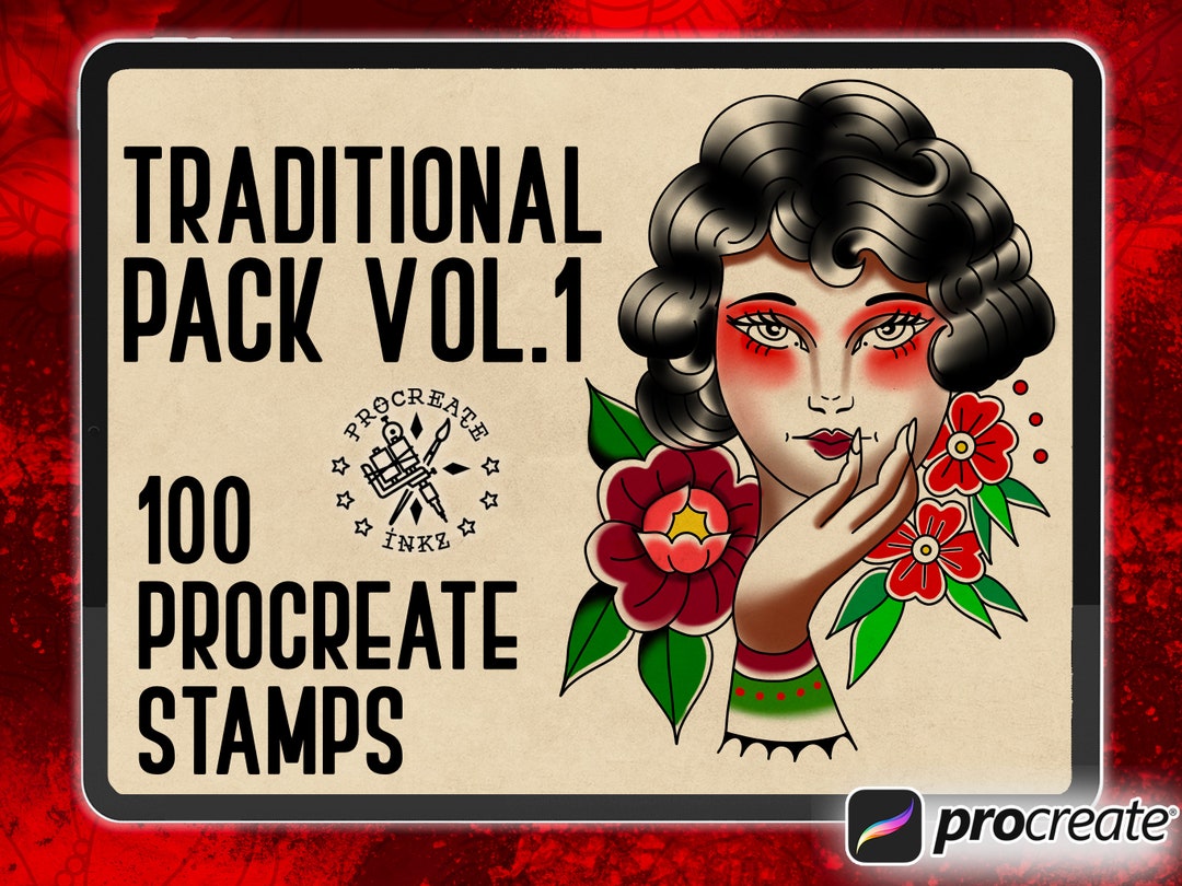 100 Traditional Tattoo Procreate Stamps | Classic Flash Stencil Bundle ...