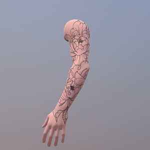 May include: A close-up of a pale arm with a black line drawing tattoo of a large flower on the upper arm and forearm.