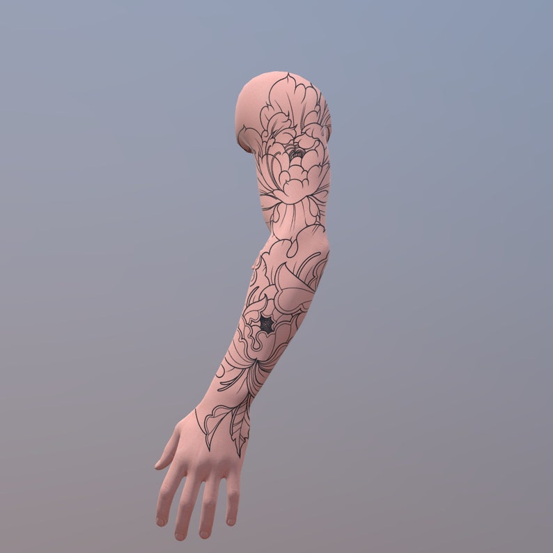 May include: A close-up of a pale arm with a black line drawing tattoo of a large flower on the upper arm and forearm.