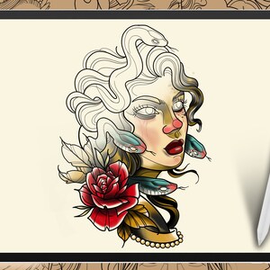 May include: Digital illustration of a woman with snakes for hair, a red rose, and a pearl necklace. The artwork is on a tablet with a stylus, showcasing a tattoo design. The color palette includes red, green, and beige.
