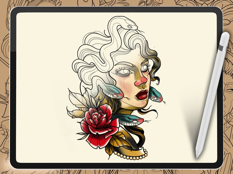 May include: Digital illustration of a woman with snakes for hair, a red rose, and a pearl necklace. The artwork is on a tablet with a stylus, showcasing a tattoo design. The color palette includes red, green, and beige.