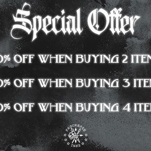 May include: A black and white graphic with the words "Special Offer" in a gothic font. The text below states: "20% OFF WHEN BUYING 2 ITEMS", "30% OFF WHEN BUYING 3 ITEMS", and "40% OFF WHEN BUYING 4 ITEMS". The Procreate Inkz logo is at the bottom.
