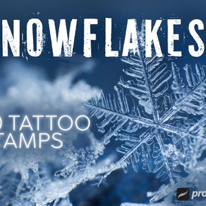 May include: A close-up of a snowflake with a blue background. The text "SNOWFLAKES" and "20 TATTOO STAMPS" is visible. The image is for a Procreate stamp set.
