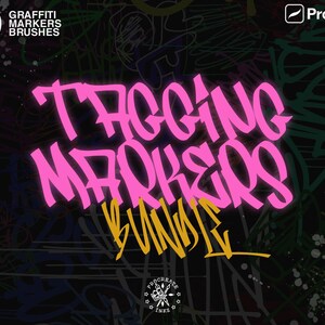 Op de afbeelding: Een digitale illustratie in graffiti-stijl met de tekst "Tagging Markers Bundle" in roze en geel. De achtergrond is een abstract ontwerp in zwart en wit met een Procreate-logo rechtsboven.