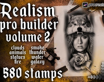 580 High-Resolution Realism Tattoo Stencils Bundle | Black & Grey Procreate Stamps for Tattoo Artists  Creative