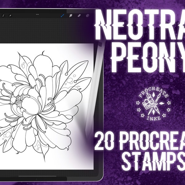 Neotraditional Peony Procreate tattoo stamps | Procreate stencil | Tattoo stencil | Procreate bundle | Procreate neotraditional