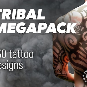 May include: A black and white tribal tattoo design on a person's back and arm. The design features intricate patterns and swirls. The text "TRIBAL MEGAPACK 830 tattoo designs" is visible at the top of the image.