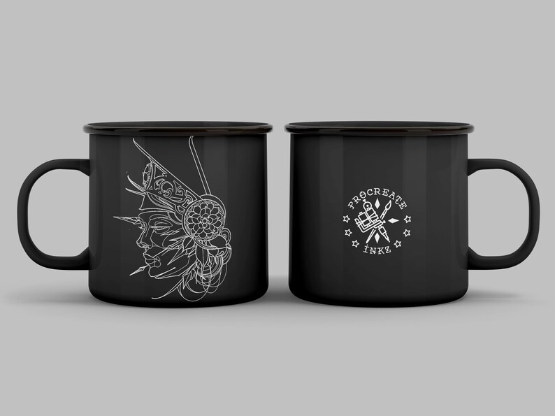 May include: Two black enamel mugs. One mug features a white line drawing of a woman's profile with a decorative headdress. The other mug has the text "PROCREATE INKZ" with a tattoo machine and stars.