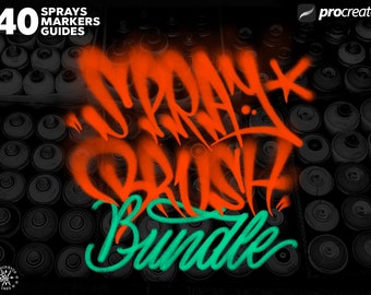 Pode incluir: Um pacote de pincéis digitais para Procreate com 40 pincéis de tinta spray e marcadores. A imagem mostra o texto "Spray Brush Bundle" em estilo graffiti com um fundo de latas de tinta spray.