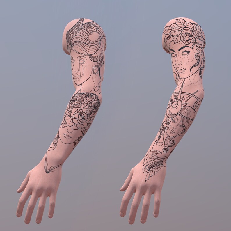 May include: Two arm sleeves with intricate black line art designs. One sleeve features a woman with tears, a rose, and floral elements. The other sleeve showcases a woman with a sunburst crown and additional floral details.