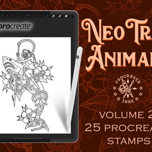 May include: A black and white line drawing of a mermaid riding a shark with a spear and rope. The image is on a digital tablet screen with the Procreate app open. The text "NEO TRAD ANIMALS VOLUME 2 25 PROCREATE STAMPS" is on a brown background with floral designs.