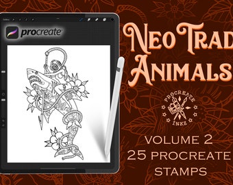 25 Neotraditional Tattoo Procreate Stamps | Vol 2 Neo Trad Flash Stencils | Digital Tattoo Brushes for iPad Artists & Apprentices