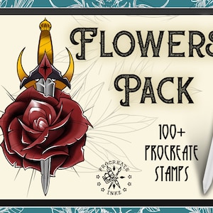 May include: A digital illustration of a red rose with a dagger through it. The image is on a tablet screen with a stylus next to it. The text "FLOWERS PACK 100+ PROCREATE STAMPS" is on the screen.