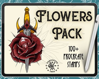 100+ Neotraditional Flower Procreate Stamps | Floral Tattoo Stencils Bundle | Digital Rose & Peony Brushes for iPad Artists