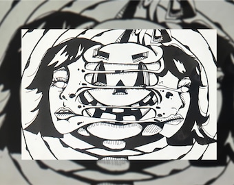 Ink and Line “Hidden” Pumpkin Head Portrait, Gothic Halloween Print