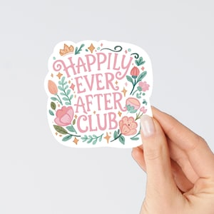 Naklejka Happily Ever After Club – naklejka winylowa z bajkowym romansem, estetyka książkowa, kwiatowa naklejka do czytania dla miłośników książek i fanów fantasy