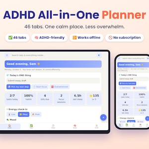 Application web de planification pour le TDAH | Organiseur et planificateur de productivité pour le TDAH | Concentration, habitudes, budget, planification des repas | Téléchargement numérique sans abonnement