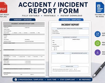 Incident Report Form Template | Editable PDF and Word | Workplace Accident and Injury Report | Printable Health and Safety Form