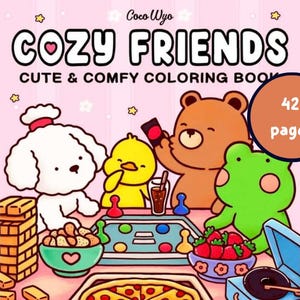 Op de afbeelding: Roze omslag van een kleurboek met de titel "COZY FRIENDS" en de ondertitel "CUTE & COMFY COLORING BOOK". De omslag bevat cartoon illustraties van een witte hond, gele eend, bruine beer en groene kikker. Een cirkel geeft aan dat het boek 42 pagina's heeft.