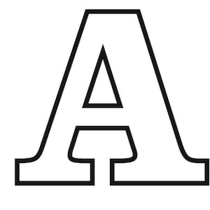 Könnte beinhalten: Ein fetter, schwarz umrandeter Großbuchstabe A mit einem markanten, nach unten offenen Design. Das Zeichen ist mit klaren, dicken Linien auf einem schlichten weißen Hintergrund dargestellt und bildet eine kontrastreiche grafische Darstellung.