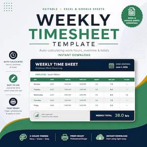 Puede incluir: Una plantilla digital de hoja de horas semanal para Excel y Google Sheets con un esquema de colores azul oscuro y verde. El diseño incluye columnas para fecha, hora de entrada, hora de salida, descanso, horas regulares y horas extras.
