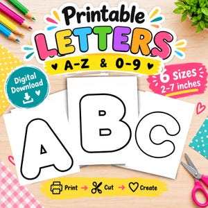 Puede incluir: Un conjunto descargable de letras A-Z y números 0-9 para imprimir con contornos negros gruesos sobre papel blanco. El gráfico incluye el texto Printable LETTERS A-Z & 0-9, 6 sizes 5-18 cm, Digital Download, y Print, Cut, Create.