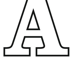 May include: A bold, black outline of the letter "A" against a white background. The letter has a classic serif design with a triangular interior and a flat base with a small rectangular cutout.