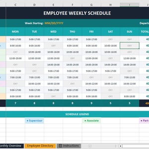 Employee Work Schedule Template | Printable Digital Work Planner | Weekly & Monthly Staff Scheduling | Google Sheets and PDF