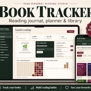 Puede incluir: Un rastreador de libros digital mostrado en la pantalla de una computadora portátil y un teléfono inteligente. La interfaz presenta una barra lateral verde oscuro, un panel blanco con estadísticas, un temporizador y miniaturas de portadas.