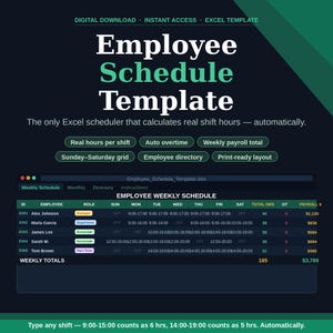 May include: An Excel employee schedule template featuring a dark background with white and green text. The interface displays a weekly schedule grid with columns for employee ID, name, role, daily shifts, total hours, overtime, and payroll totals.