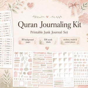 Könnte beinhalten: Ein druckbares Quran Journaling Kit Junk Journal Set mit 10 Hintergrundseiten, 114 Suren-Etiketten, Aufklebern, Washi-Tape und Ecken in sanften rosa und grünen Aquarelltönen mit dekorativen Schleifen, Herzen und floralen Elementen.