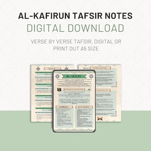 Può includere: Download digitale delle note di Tafsir Al-Kafirun. L'immagine mostra tre pagine di note, tra cui il testo "AL-IKHLAS" e "OVERALL MESSAGE". Le note sono progettate per il Tafsir versetto per versetto, disponibili digitalmente o in formato A5.